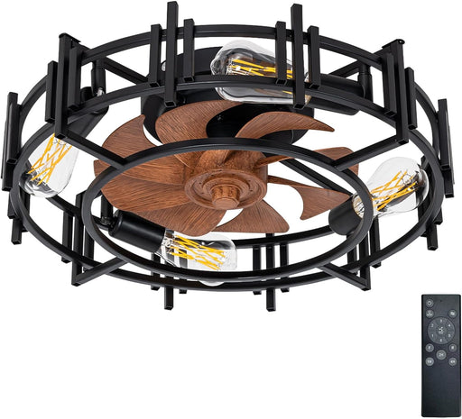 20 in. Indoor Modern Fan with Light and Remote, Black Caged Low Profile Ceiling Fan, Reversible Quiet Ceiling Fans for Bedroom Living Room Kitchen-1-ErisView