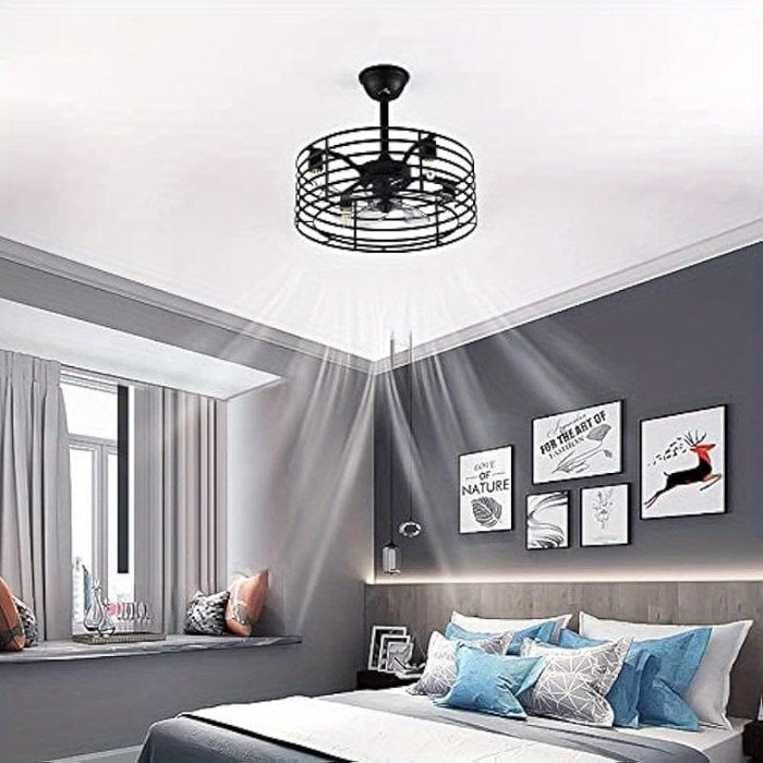 20 in. Industrial Enclosed Ceiling Fan with Light, Black Silent Ceiling Fan with Remote Control for Bedroom Living Room Dining Room-ErisView
