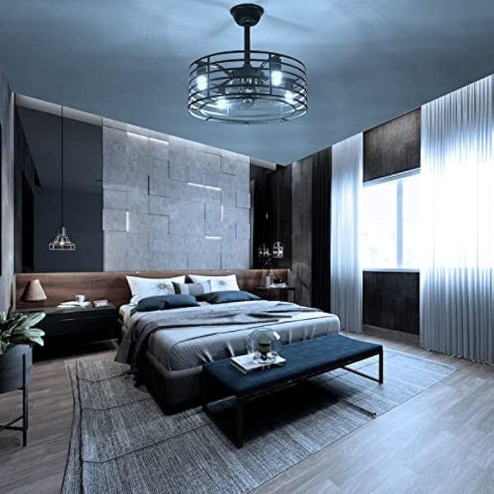 20 in. Industrial Enclosed Ceiling Fan with Light, Black Silent Ceiling Fan with Remote Control for Bedroom Living Room Dining Room-ErisView