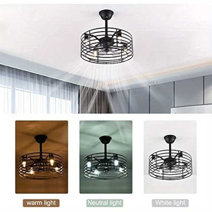20 in. Industrial Enclosed Ceiling Fan with Light, Black Silent Ceiling Fan with Remote Control for Bedroom Living Room Dining Room-ErisView