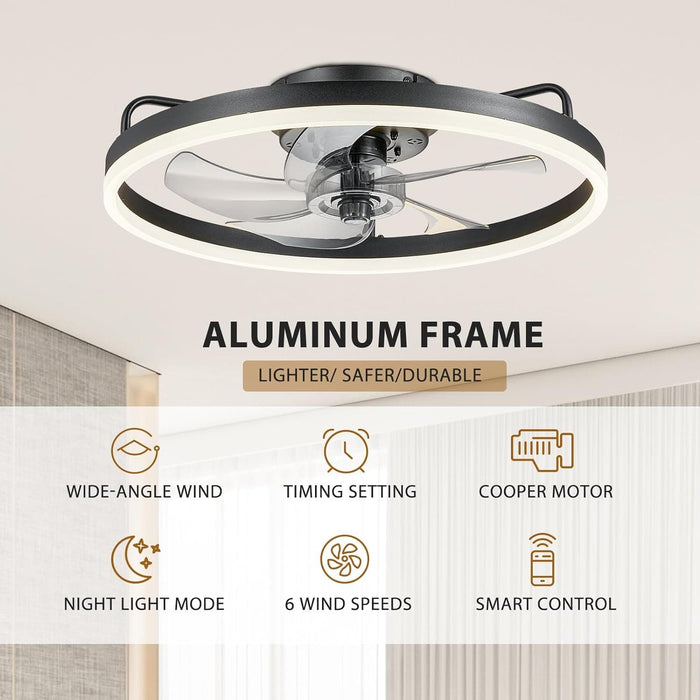 20 in. Low Ceiling Fan, Bedroom Ceiling Fans with Lights, Flush Mount Ceiling Fan and Light Remote, Modern Ceiling Fan and Light, Smart Black Fandelier -2-ErisView