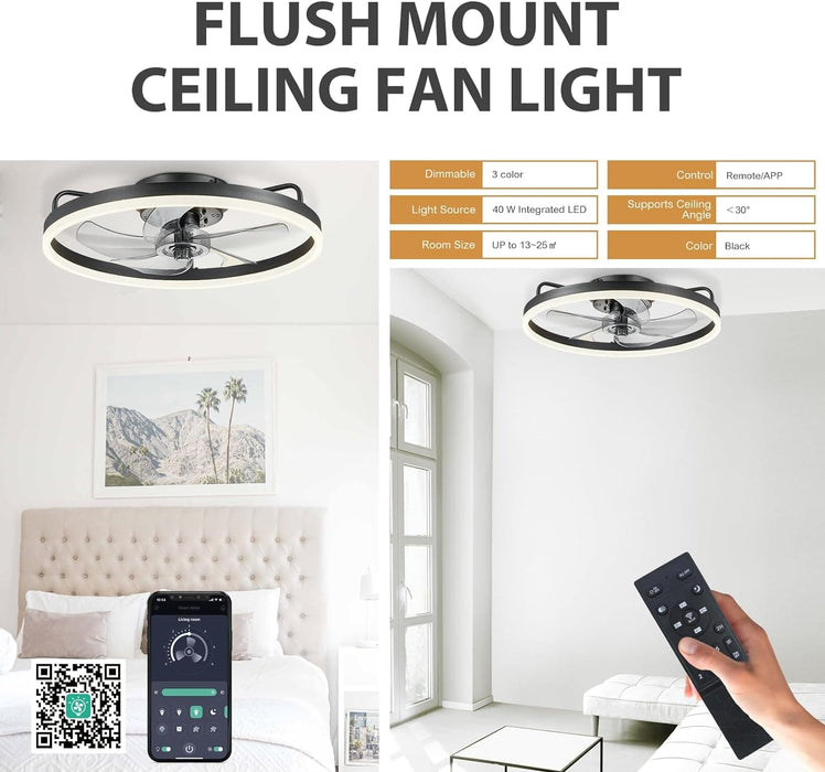 20 in. Low Ceiling Fan, Bedroom Ceiling Fans with Lights, Flush Mount Ceiling Fan and Light Remote, Modern Ceiling Fan and Light, Smart Black Fandelier -6-ErisView