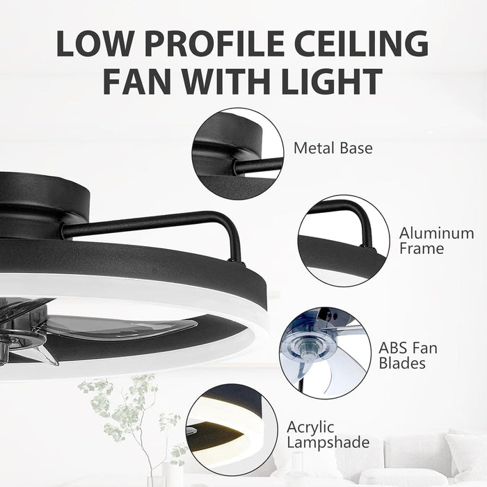 20 in. Low Ceiling Fan, Bedroom Ceiling Fans with Lights, Flush Mount Ceiling Fan and Light Remote, Modern Ceiling Fan and Light, Smart Black Fandelier -7-ErisView