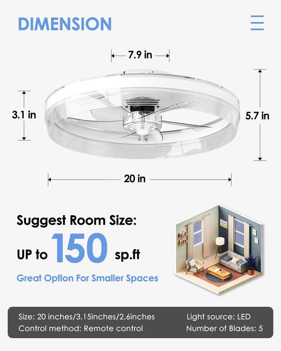 20 in. Low Ceiling Fan and Light and Remote Control, LED Dimmable Fandelier Flush Mount, White Reversible Modern Ceiling Fan-7-ErisView