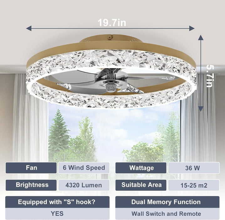20 in. Low Profile Flush Mount Fandelier Ceiling Fan, White Modern Remote Control Ceiling Fan and Light, Dimmable Bladeless LED Fan Light -12-ErisView