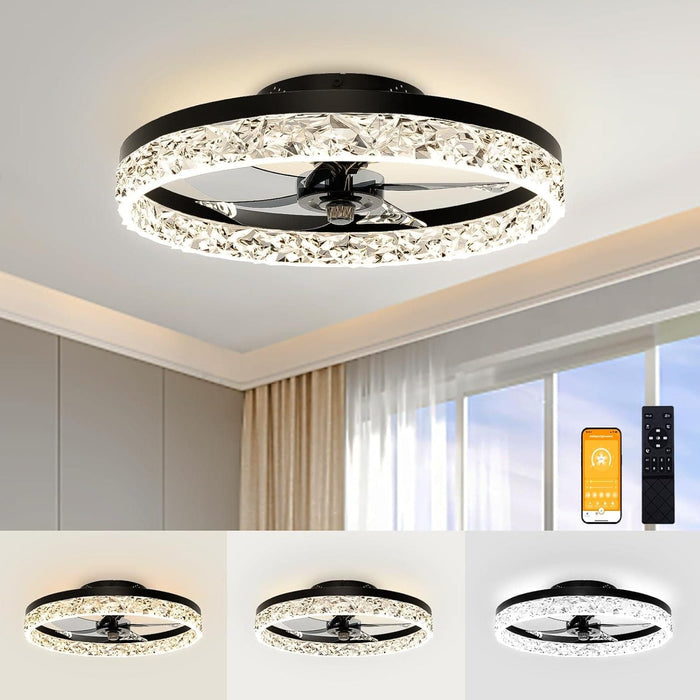 20 in. Low Profile Flush Mount Fandelier Ceiling Fan, White Modern Remote Control Ceiling Fan and Light, Dimmable Bladeless LED Fan Light -13-ErisView