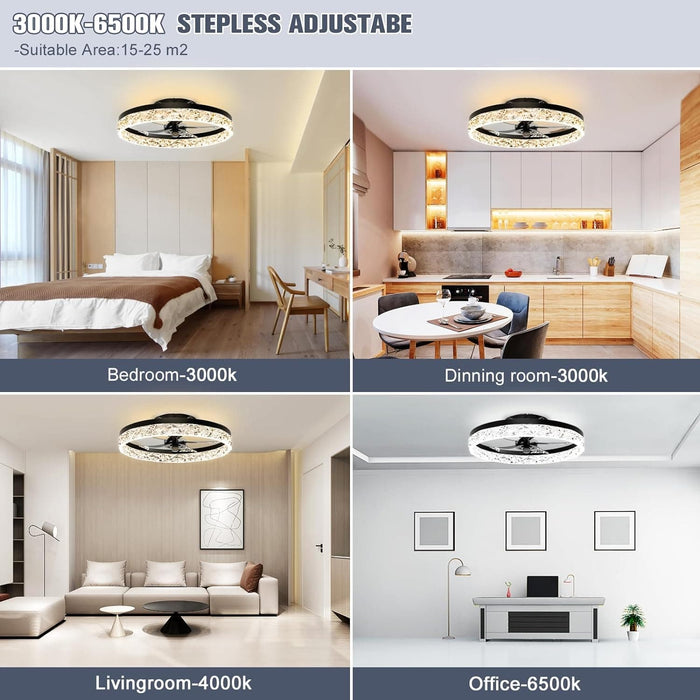 20 in. Low Profile Flush Mount Fandelier Ceiling Fan, White Modern Remote Control Ceiling Fan and Light, Dimmable Bladeless LED Fan Light -14-ErisView
