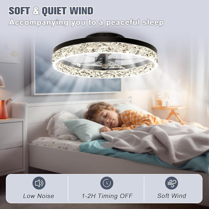 20 in. Low Profile Flush Mount Fandelier Ceiling Fan, White Modern Remote Control Ceiling Fan and Light, Dimmable Bladeless LED Fan Light -16-ErisView