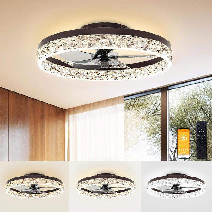 20 in. Low Profile Flush Mount Fandelier Ceiling Fan, White Modern Remote Control Ceiling Fan and Light, Dimmable Bladeless LED Fan Light -19-ErisView