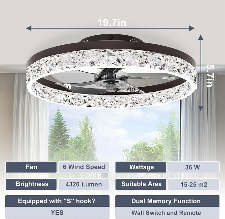 20 in. Low Profile Flush Mount Fandelier Ceiling Fan, White Modern Remote Control Ceiling Fan and Light, Dimmable Bladeless LED Fan Light -23-ErisView