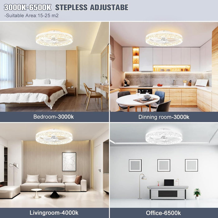 20 in. Low Profile Flush Mount Fandelier Ceiling Fan, White Modern Remote Control Ceiling Fan and Light, Dimmable Bladeless LED Fan Light -2-ErisView