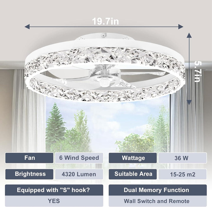 20 in. Low Profile Flush Mount Fandelier Ceiling Fan, White Modern Remote Control Ceiling Fan and Light, Dimmable Bladeless LED Fan Light -6-ErisView