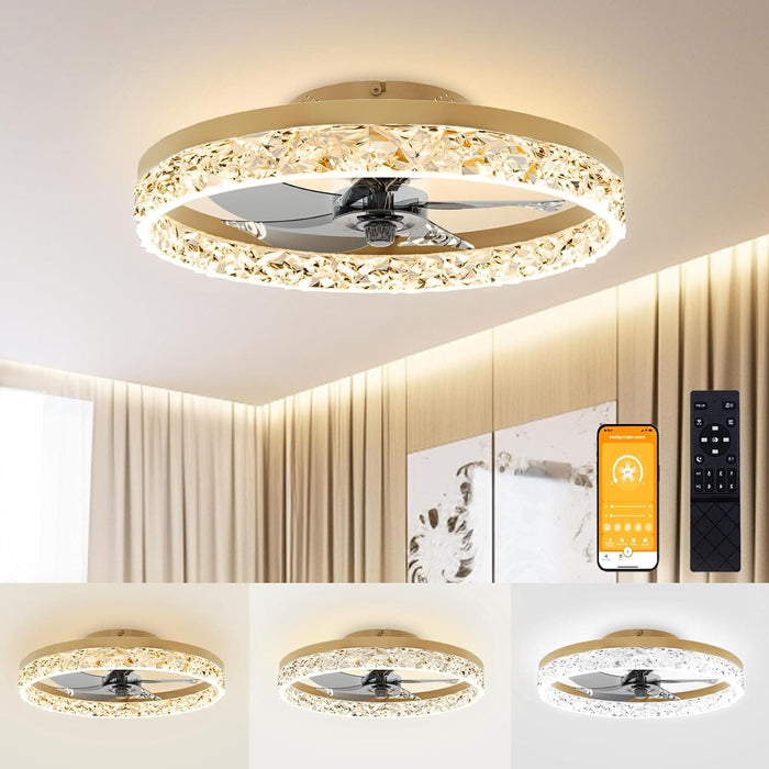 20 in. Low Profile Flush Mount Fandelier Ceiling Fan, White Modern Remote Control Ceiling Fan and Light, Dimmable Bladeless LED Fan Light -7-ErisView