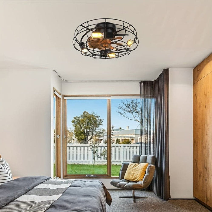 20 in. Low Profile Industrial Ceiling Fan with Iron Cage, Indoor Flush Mount Bladeless Ceiling Fan with Light and Remote Control for Bedroom Kitchen-ErisView