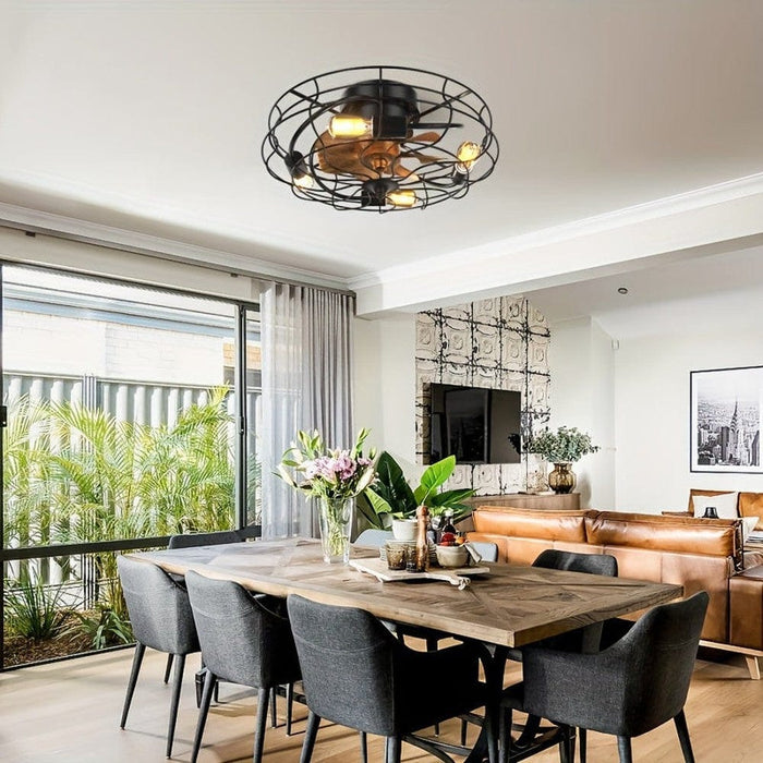 20 in. Low Profile Industrial Ceiling Fan with Iron Cage, Indoor Flush Mount Bladeless Ceiling Fan with Light and Remote Control for Bedroom Kitchen-ErisView