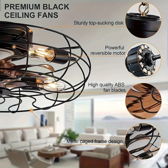 20 in. Low Profile Industrial Ceiling Fan with Iron Cage, Indoor Flush Mount Bladeless Ceiling Fan with Light and Remote Control for Bedroom Kitchen-ErisView