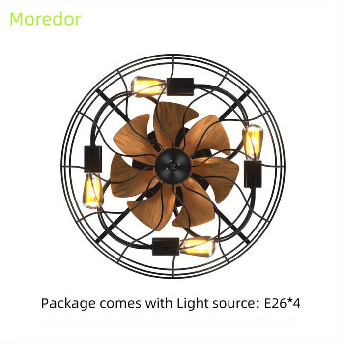 20 in. Low Profile Industrial Ceiling Fan with Iron Cage, Indoor Flush Mount Bladeless Ceiling Fan with Light and Remote Control for Bedroom Kitchen-ErisView