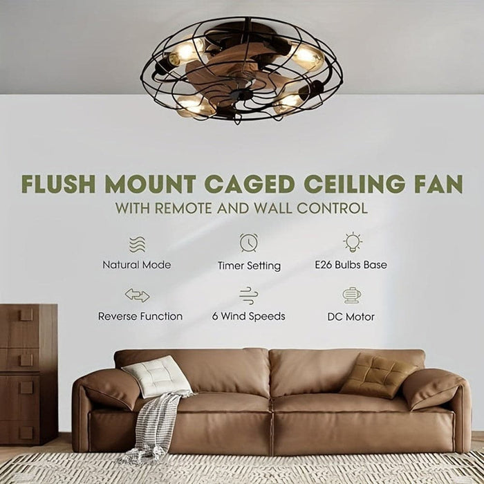 20 in. Low Profile Industrial Ceiling Fan with Iron Cage, Indoor Flush Mount Bladeless Ceiling Fan with Light and Remote Control for Bedroom Kitchen-ErisView