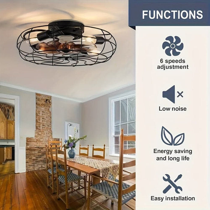 20 in. Low Profile Industrial Ceiling Fan with Iron Cage, Indoor Flush Mount Bladeless Ceiling Fan with Light and Remote Control for Bedroom Kitchen-ErisView