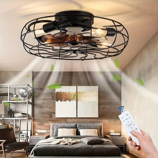 20 in. Low Profile Industrial Ceiling Fan with Iron Cage, Indoor Flush Mount Bladeless Ceiling Fan with Light and Remote Control for Bedroom Kitchen-ErisView