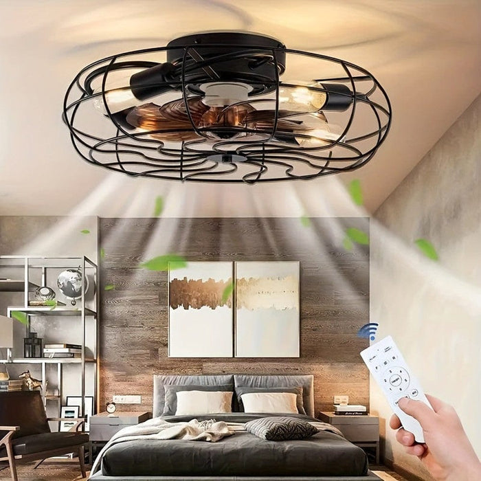 20 in. Low Profile Industrial Ceiling Fan with Iron Cage, Indoor Flush Mount Bladeless Ceiling Fan with Light and Remote Control for Bedroom Kitchen-ErisView