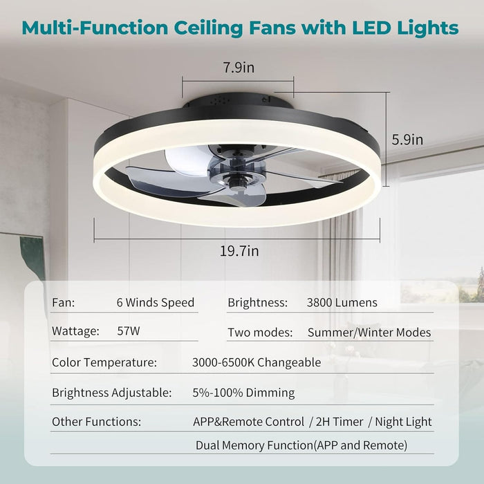 20 in. Matte Black Modern Remote Control Ceiling Fan and Light, Dimmable Low Profile Flush Mount Ceiling Fans for Bedroom Living Room-5-ErisView