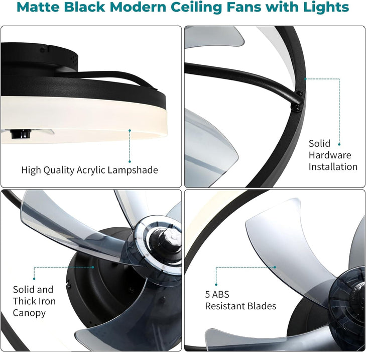 20 in. Matte Black Modern Remote Control Ceiling Fan and Light, Dimmable Low Profile Flush Mount Ceiling Fans for Bedroom Living Room-6-ErisView