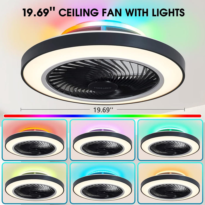 20 in. Modern Bladeless Remote Ceiling Fan with Light, Flush Mount Enclosed LED Ceiling Fan with RGB Lights Bedroom Ceiling Fans Living Room Kitchen-3-ErisView