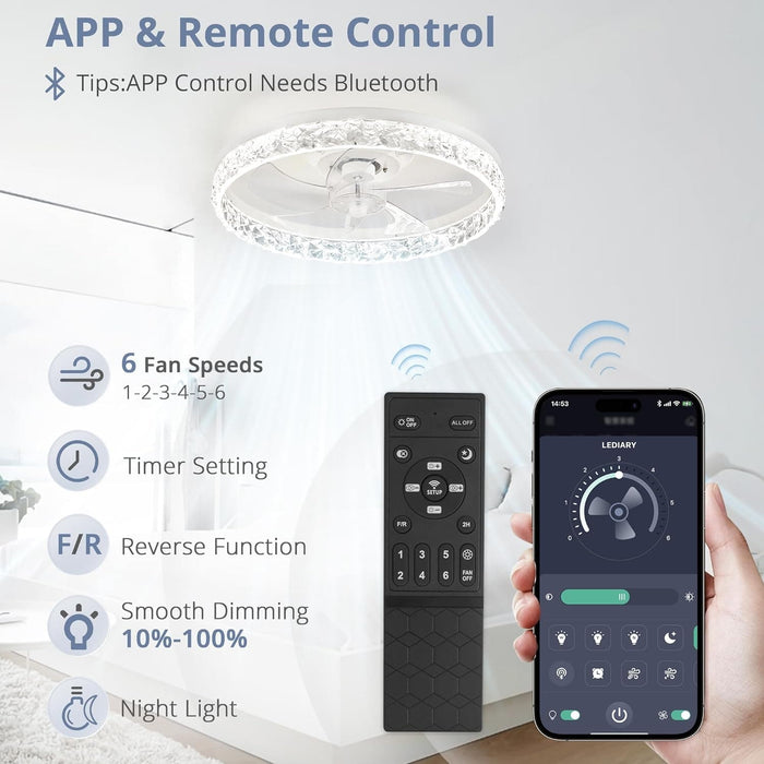 20 in. Modern Ceiling Fans with Lights and Remote, Dimmable Low Profile Ceiling Fan, Fandelier Flush Mount without Blades-3-ErisView