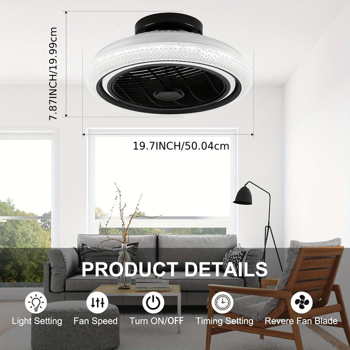 20 in. Modern Crystal Ceiling Fan with RGB Dimmable Light and Remote Control, Flush Mount Enclosed Ceiling Fan Fandelier for Living Room Bedroom-ErisView