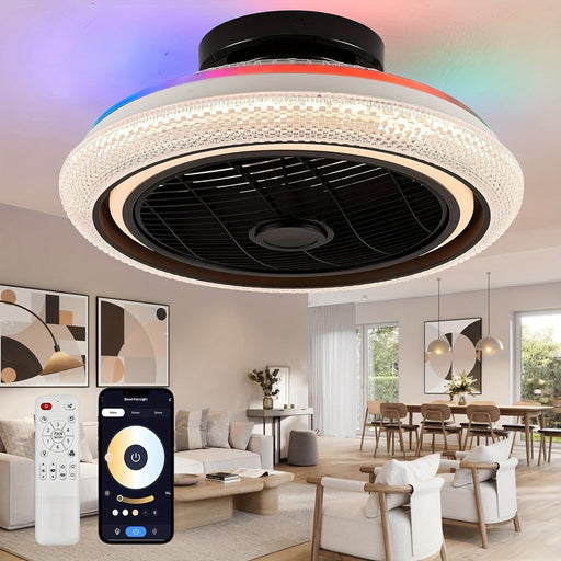 20 in. Modern Crystal Ceiling Fan with RGB Dimmable Light and Remote Control, Flush Mount Enclosed Ceiling Fan Fandelier for Living Room Bedroom-ErisView