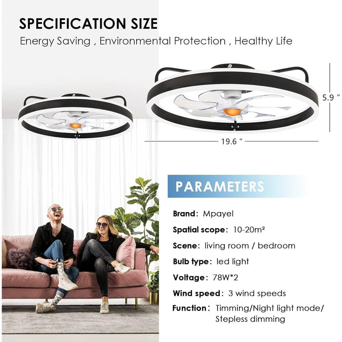 20 in. Modern Fan with Light Bladeless Ceiling Fan, Low Ceiling Fan with Lights Remote, Flush Mount Enclosed Ceiling Fan, Small Black Bedroom Ceiling Fans-4-ErisView