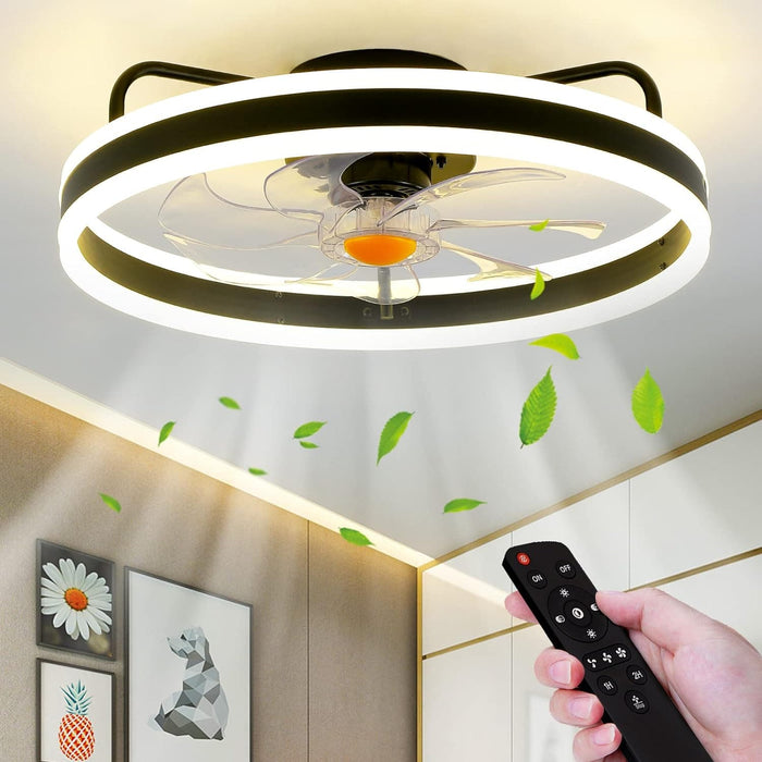 20 in. Modern Fan with Light Bladeless Ceiling Fan, Low Ceiling Fan with Lights Remote, Flush Mount Enclosed Ceiling Fan, Small Black Bedroom Ceiling Fans-1-ErisView