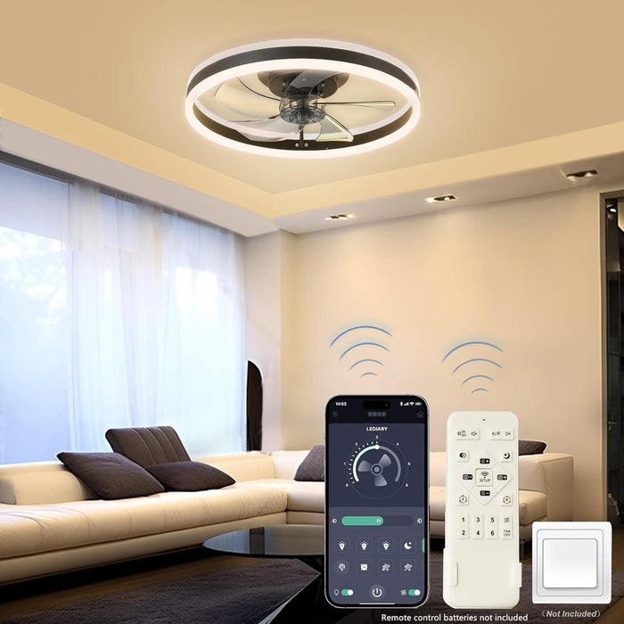 20 in. Modern Flush Mount Ceiling Fan, Smart Dimmable Reversible Bladeless LED Fan Light, Black Reversible Ceiling Fans with Lights-1-ErisView