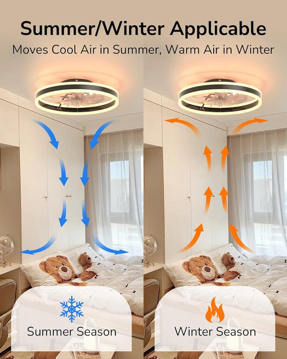 20 in. Modern Flush Mount Ceiling Fan for Living Room Bedroom Kitchen, Black Low Profile Bladeless Ceiling Fan with Light and Remote-3-ErisView