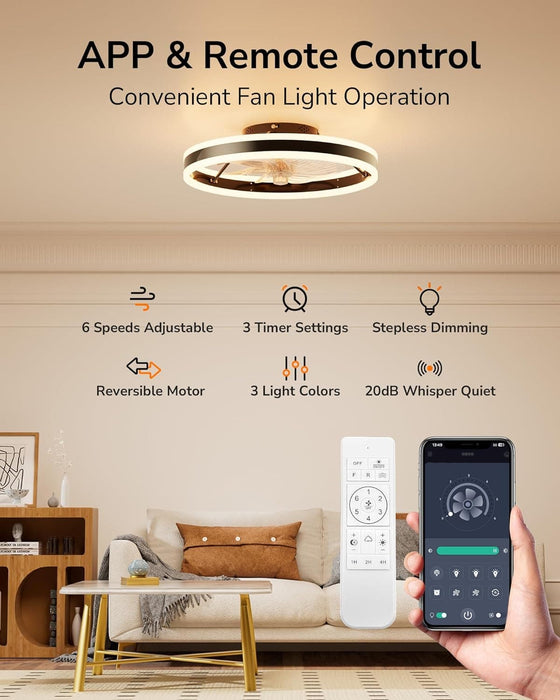 20 in. Modern Flush Mount Ceiling Fan for Living Room Bedroom Kitchen, Black Low Profile Bladeless Ceiling Fan with Light and Remote-4-ErisView