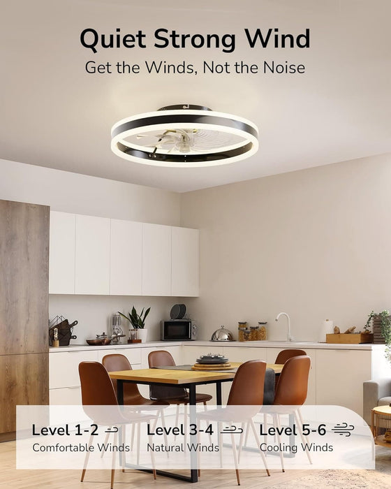 20 in. Modern Flush Mount Ceiling Fan for Living Room Bedroom Kitchen, Black Low Profile Bladeless Ceiling Fan with Light and Remote-7-ErisView