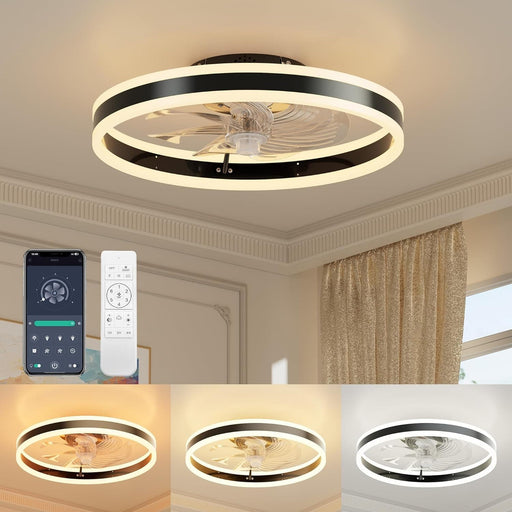 20 in. Modern Flush Mount Ceiling Fan for Living Room Bedroom Kitchen, Black Low Profile Bladeless Ceiling Fan with Light and Remote-1-ErisView