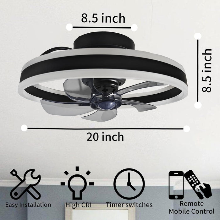 20 in. Modern LED Fan Light, 360¡ã Oscillating Ceiling Fan with Low Profile Light, Flush Mount Bladeless Ceiling Fan with Remote and APP Bluetooth Control-4-ErisView