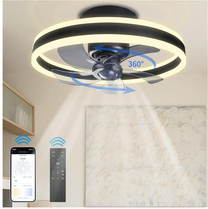 20 in. Modern LED Fan Light, 360¡ã Oscillating Ceiling Fan with Low Profile Light, Flush Mount Bladeless Ceiling Fan with Remote and APP Bluetooth Control-1-ErisView