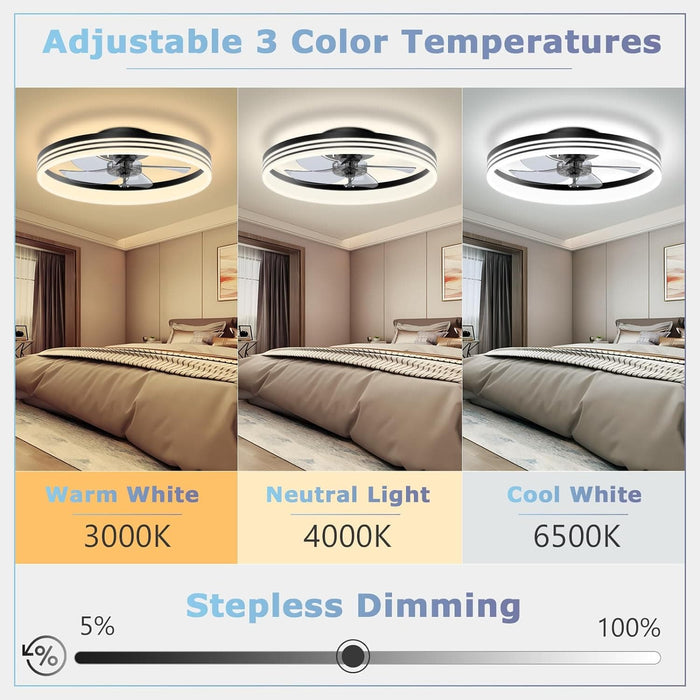 20 in. Modern Low Profile Ceiling Fan with Light, Black Flush Mount Ceiling Fan for Bedroom Living Room-3-ErisView