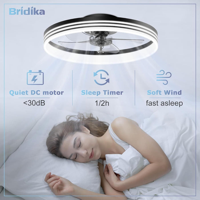 20 in. Modern Low Profile Ceiling Fan with Light, Black Flush Mount Ceiling Fan for Bedroom Living Room-4-ErisView