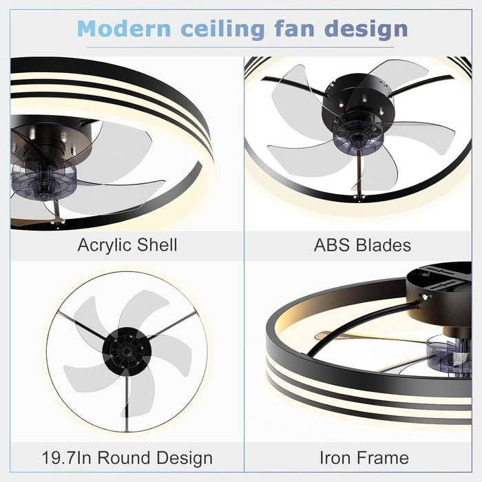 20 in. Modern Low Profile Ceiling Fan with Light, Black Flush Mount Ceiling Fan for Bedroom Living Room-6-ErisView