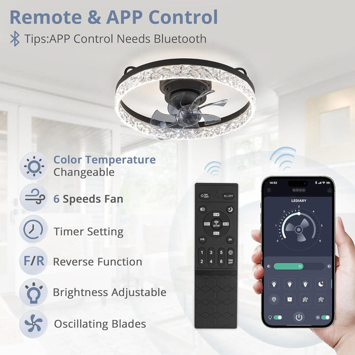20 in. Modern Remote Control Ceiling Fan and Light, Dimmable Black Oscillating Ceiling Fan, Low Profile Ceiling Fan, Flush Mount Bladeless LED Ceiling Fan-4-ErisView