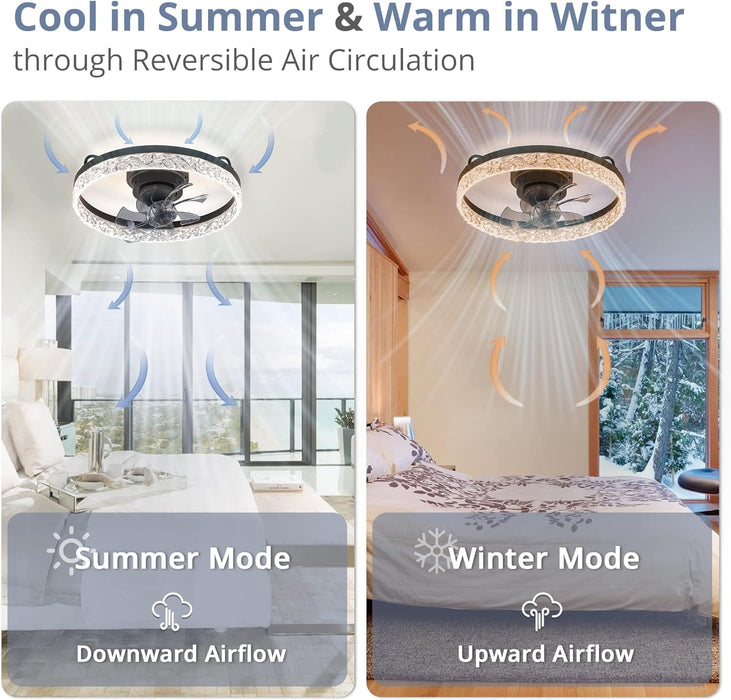 20 in. Modern Remote Control Ceiling Fan and Light, Dimmable Black Oscillating Ceiling Fan, Low Profile Ceiling Fan, Flush Mount Bladeless LED Ceiling Fan-6-ErisView