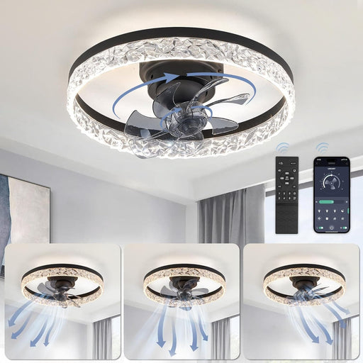 20 in. Modern Remote Control Ceiling Fan and Light, Dimmable Black Oscillating Ceiling Fan, Low Profile Ceiling Fan, Flush Mount Bladeless LED Ceiling Fan-1-ErisView