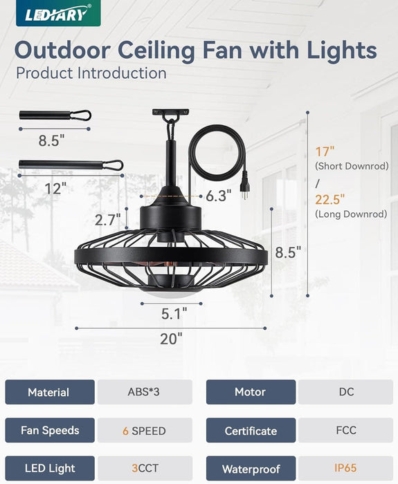 20 in. Outdoor Ceiling Fans with Light and Remote Control, Waterproof Caged Portable Ceiling Fan, Hanging Outdoor Fan for Gazebo-6-ErisView