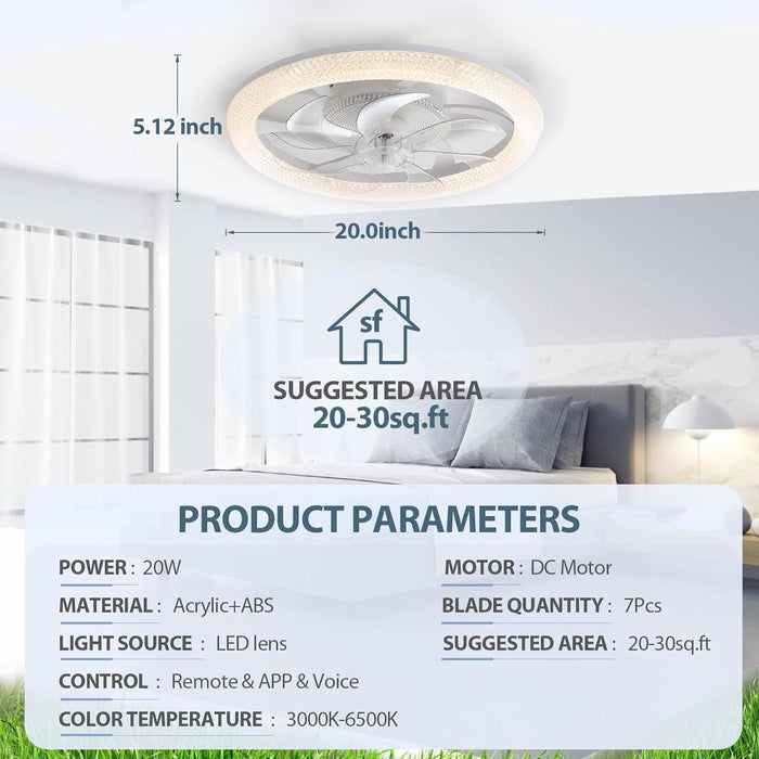 20 in. RGB Ceiling Fan with Lights and Remote APP Control, Flush Mount Low Profile Ceiling Fan, Dimmable Bluetooth Ceiling Fan for Bedroom Living Room-5-ErisView