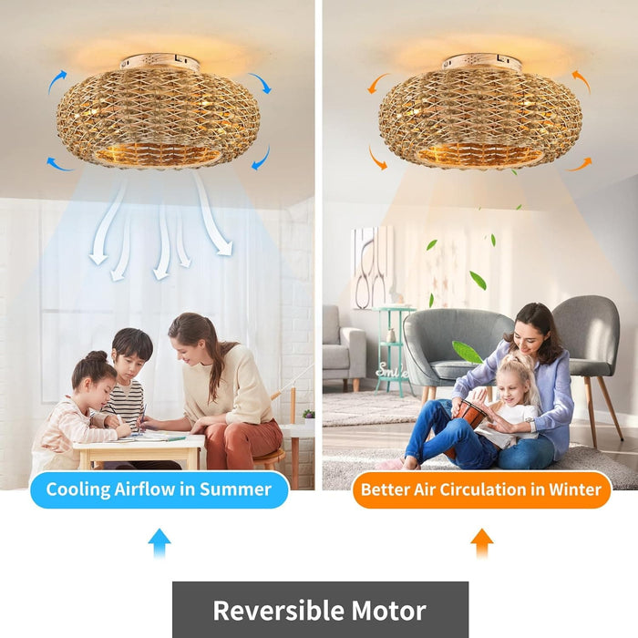 20 in. Rattan Ceiling Fan, Boho Caged Ceiling Fan with Lights, Flush Mount Low Ceiling Fan with Remote, Bedroom Ceiling Fans, Reversible Silent Fandalier-2-ErisView