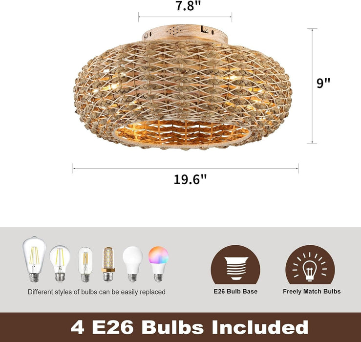 20 in. Rattan Ceiling Fan, Boho Caged Ceiling Fan with Lights, Flush Mount Low Ceiling Fan with Remote, Bedroom Ceiling Fans, Reversible Silent Fandalier-4-ErisView